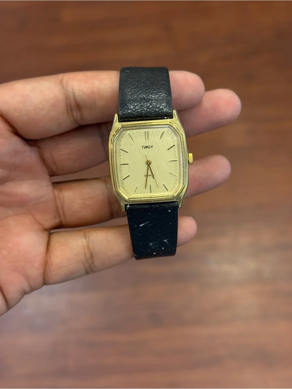 Timex vintage Gold-Tone Case Watch with Black Leather Strap